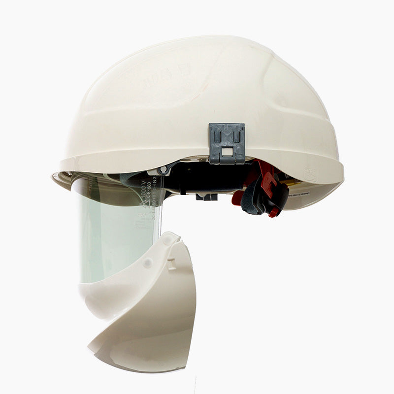 ErgoSIntec Plus, Class E, ATPV: 14.0 cal/cm², Helmet with integrated face shield.