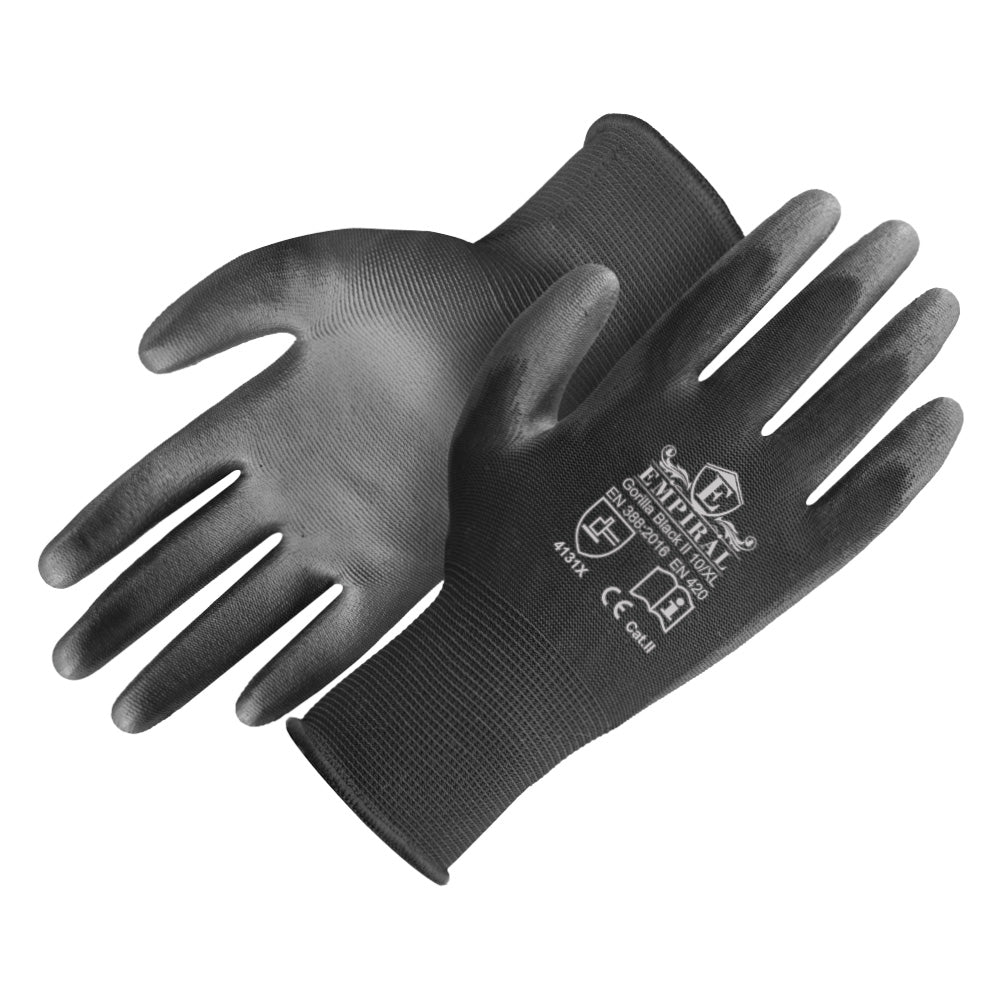 Gorilla Black- I, Black Polyester Liner with Black PU Palm Coated Gloves
