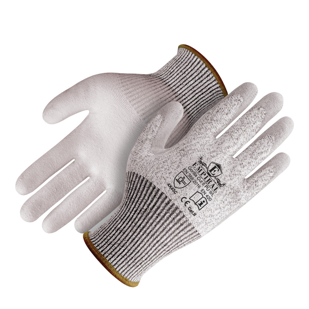 Gorilla Cut 5 - PU, Grey Glove Liners/Black Sandy PU Coated Gloves.