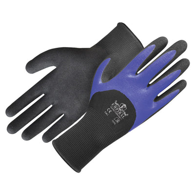 Gorilla Defender - I, 13 Gauge Black Polyester Shell, 3/4 Blue Nitrile + Black Sandy Nitrile Coated Glove