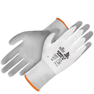Gorilla Flex - II, 15 Gauge White Polyester Liners / Grey Microfoam Nitrile Palm Coated Gloves.