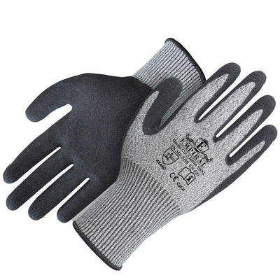 Gorilla Cut 5 - Nitrile, Grey HPPE Glove Liners/Black Sandy Nitrile Coated Gloves.
